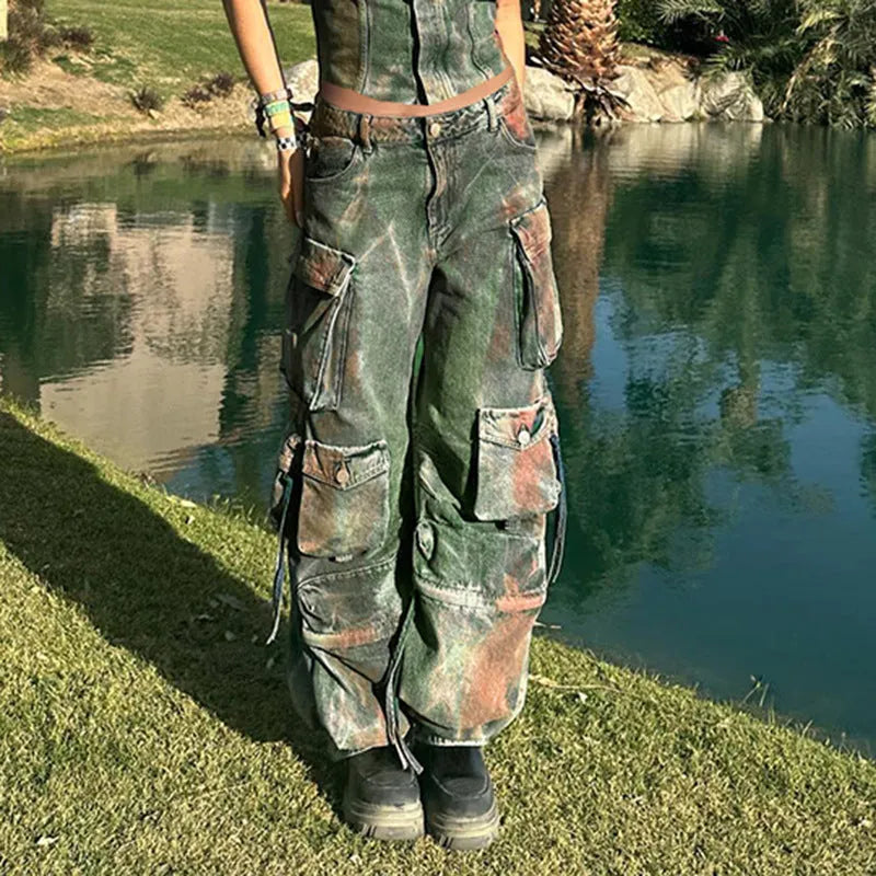 Retro colour blooming multi-pocket loose cargo denim trousers with gradient street hipster style