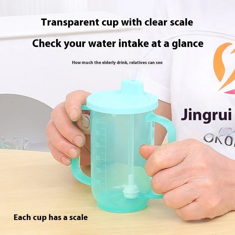 Bedside choke-proof drinking cup with slanted mouth and optional wrist strap for elderly and pregnant women