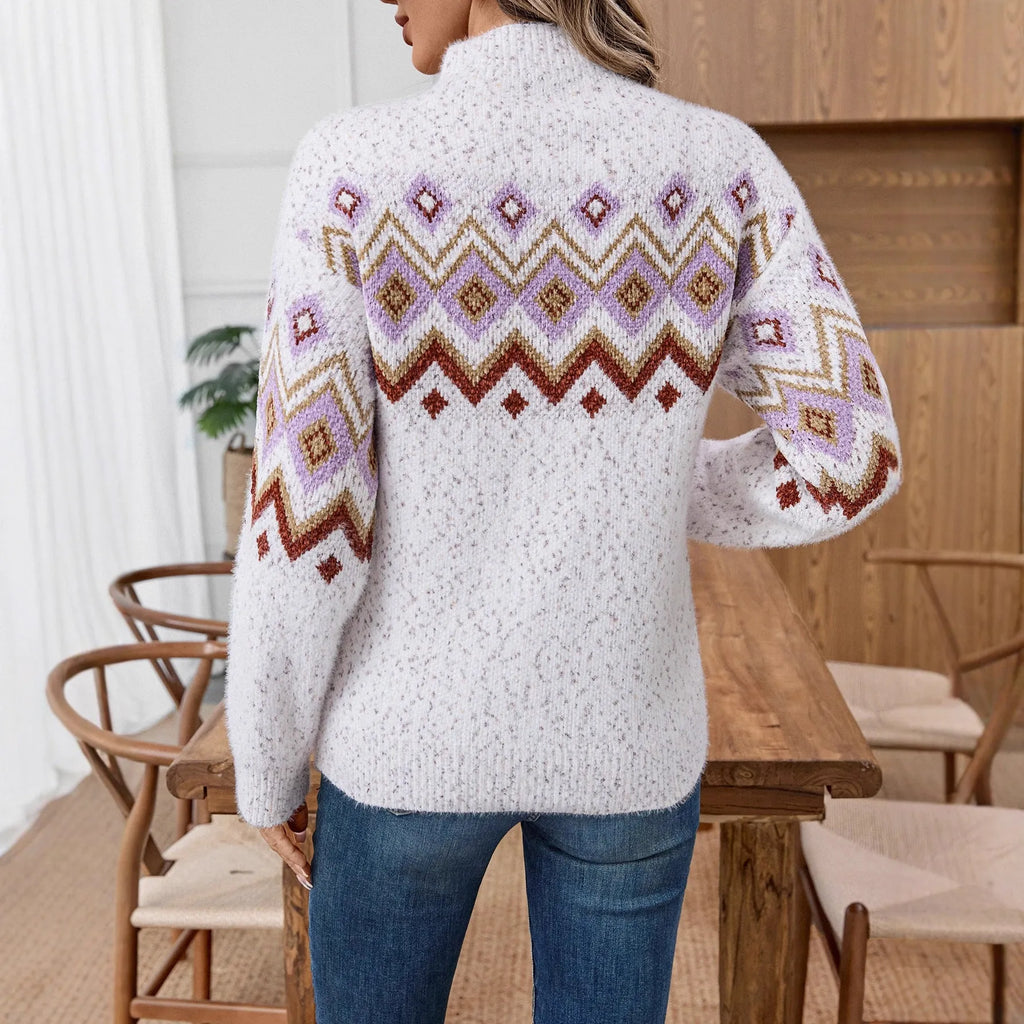 White geometric pattern half turtleneck sweater with loose fit and long sleeves