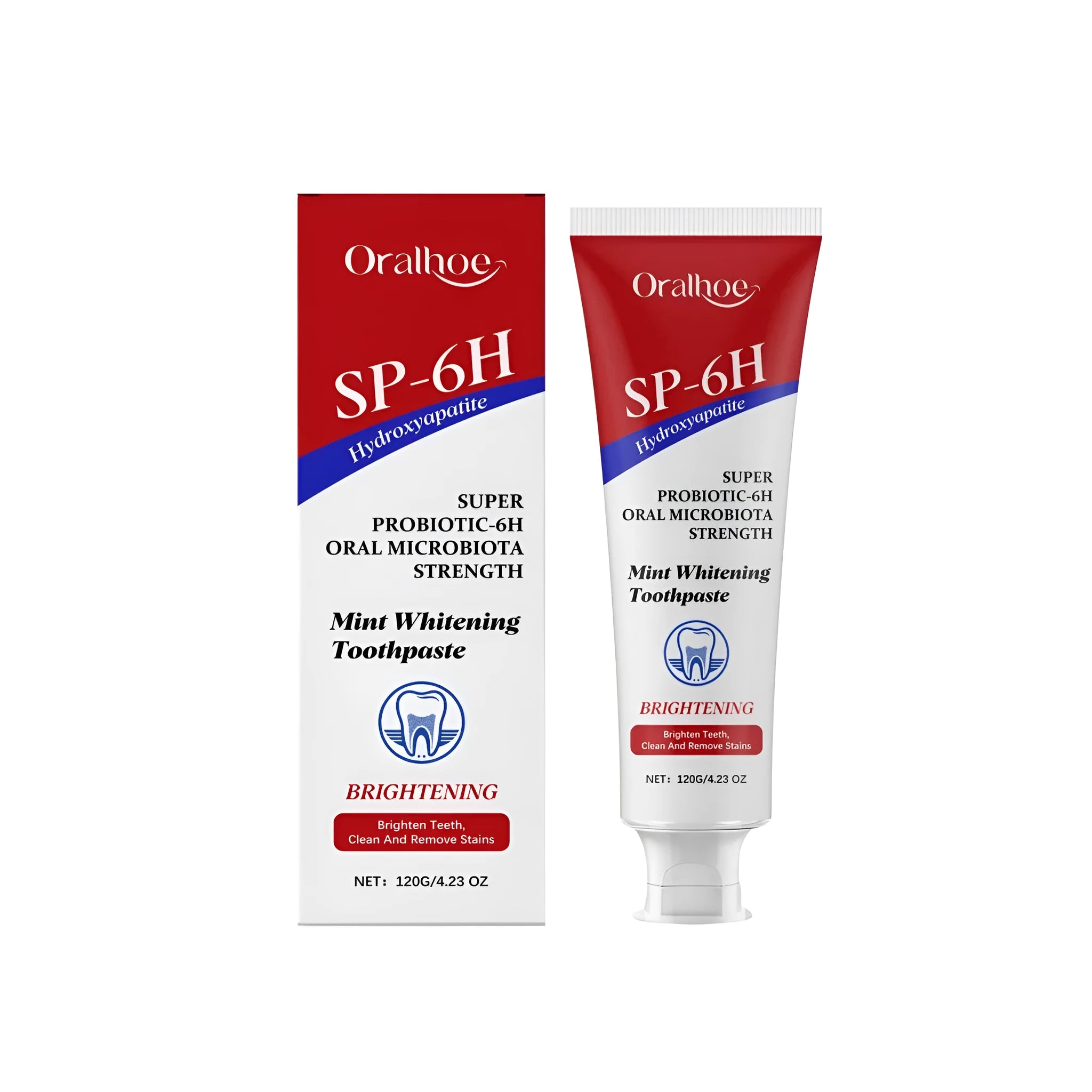 120G tube of Mint Bright White Fluoride-Free Toothpaste with hydroxyapatite and calcium carbonate.