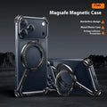 Black metal phone case for IPhone 17 Pro Max with magnetic bracket attachment showing hands-free viewing position