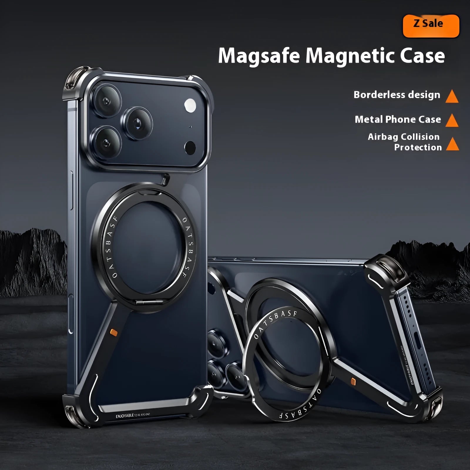 Black metal phone case for IPhone 17 Pro Max with magnetic bracket attachment showing hands-free viewing position