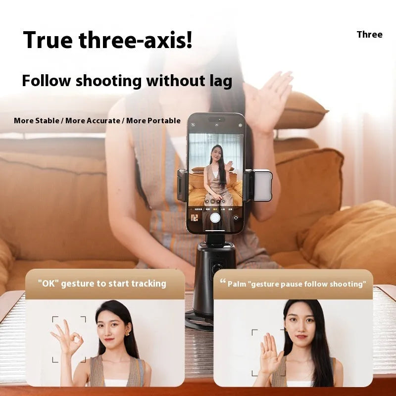 Black desktop phone bracket with rotating camera head and LED ribbon lights for face tracking video calls