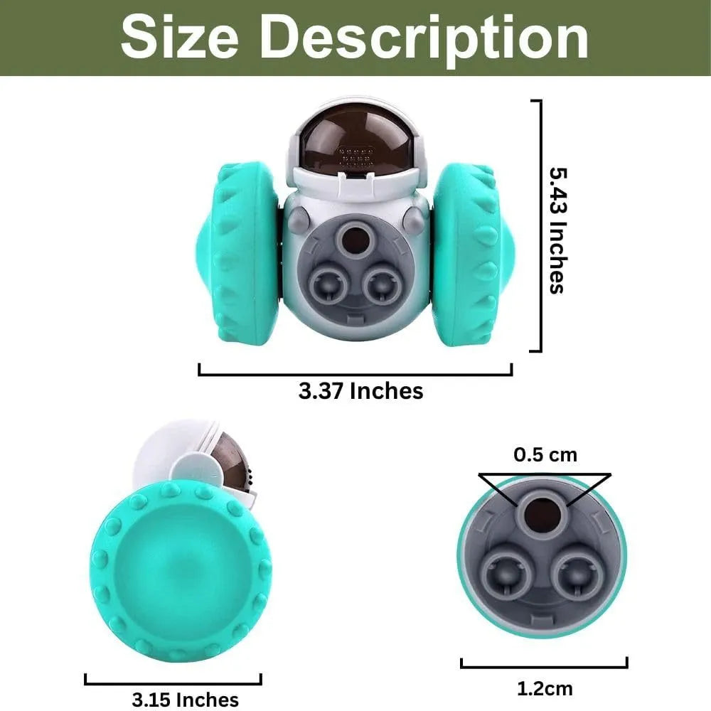 Interactive dog treat dispenser toy with robot appearance roller design for slow feeding