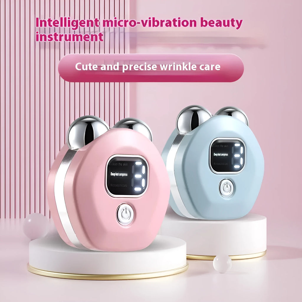 Portable hot compress and micro current facial massage instrument with double roller head