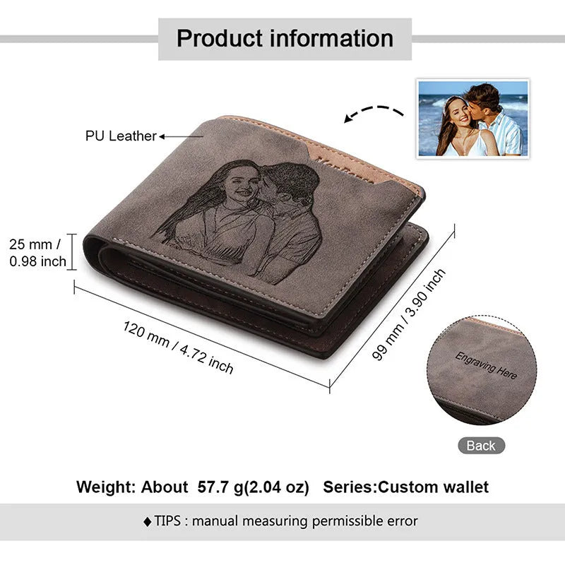 Coffee coloured engraved PU leather short wallet showing personalised photo engraving, front view.