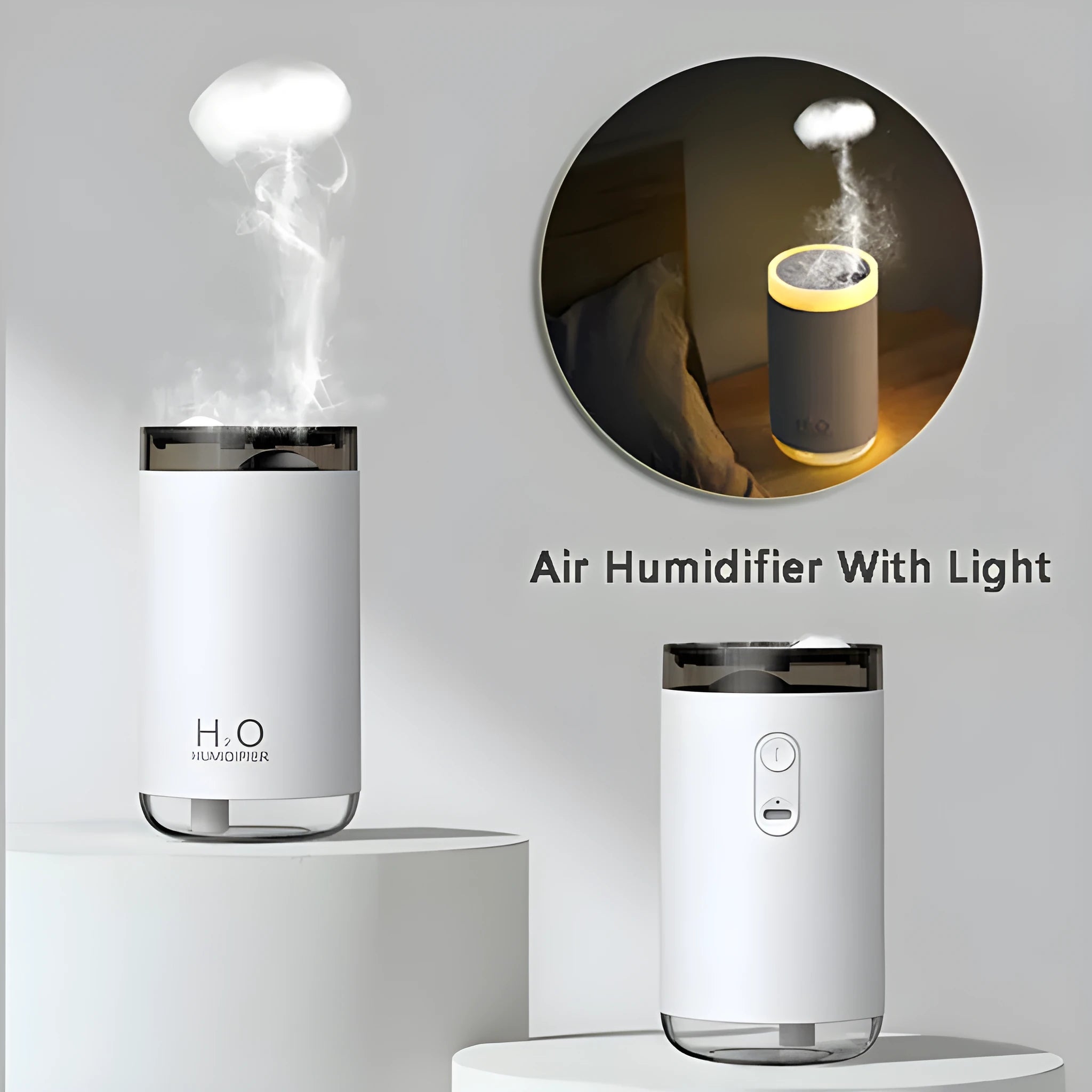 White jellyfish-themed USB humidifier with warm night light on a wooden table.