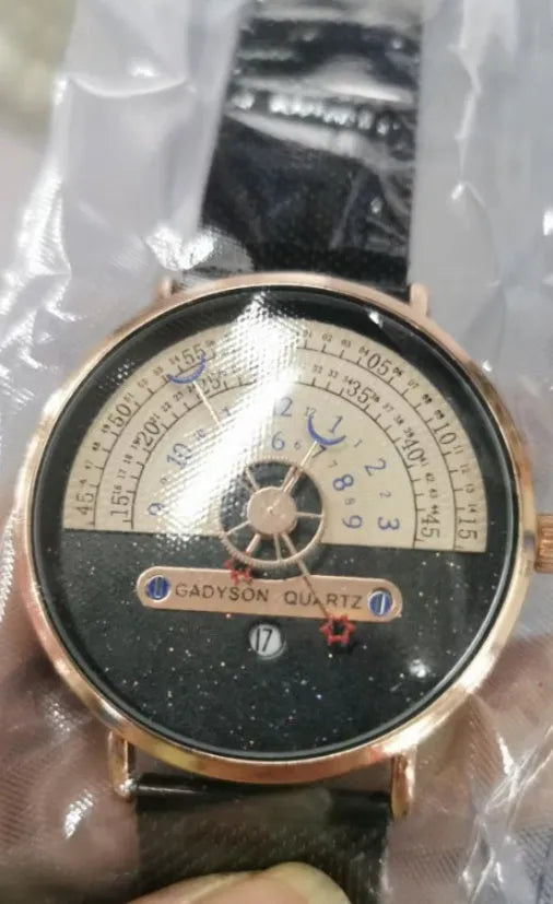 Creative men's sports watch with round alloy case, mineral glass, and stainless steel bracelet.