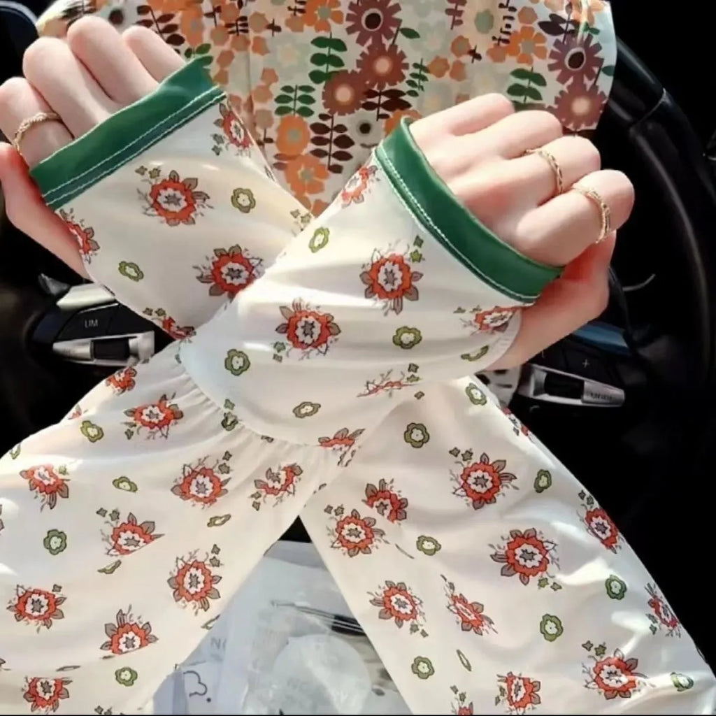 Printed ice silk UV protection oversleeves in floral and abstract patterns for sun-safe outdoor wear