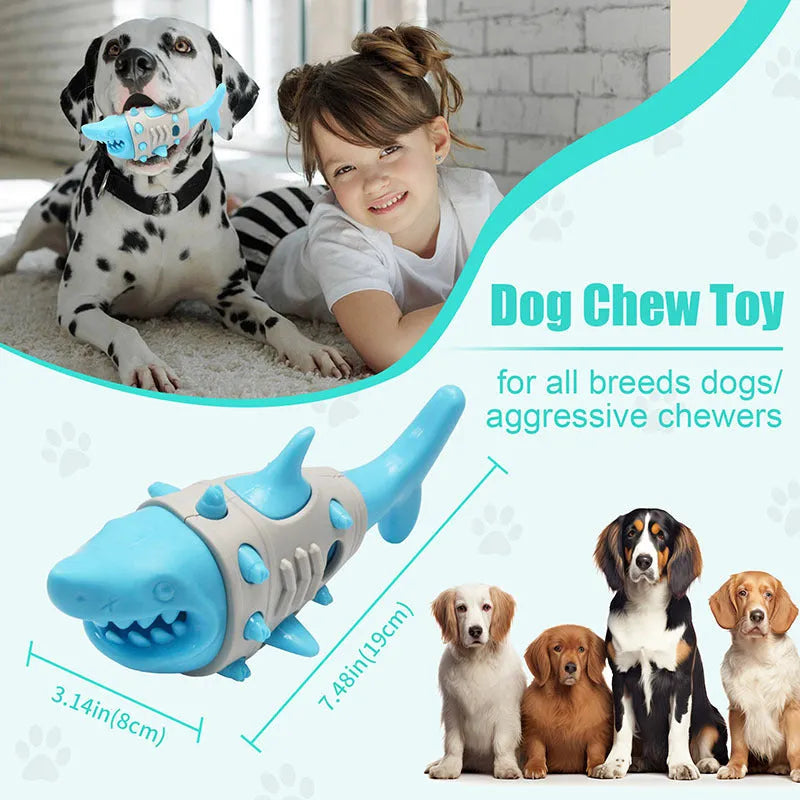 Blue leaky dog chew toy with shark-tooth texture for teeth cleaning and bite-resistant design