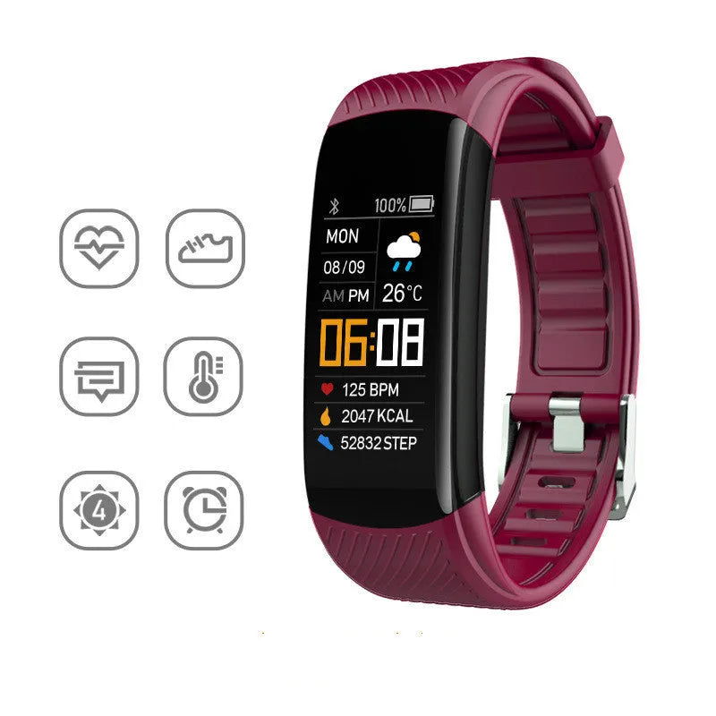 Black waterproof smart fitness tracker bracelet with 0.96-inch screen on a wrist