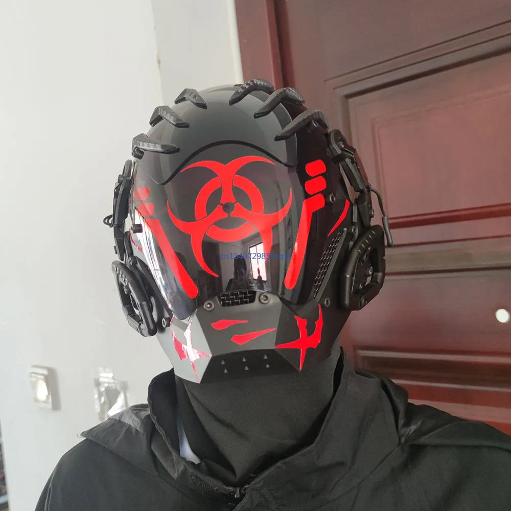 Black bioweapon full face helmet prop mask with tech-themed CYBER04 design