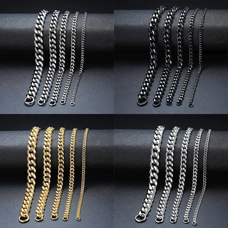 Gold Cuban link bracelet with flat six-sided metal chains in various widths and colour options.