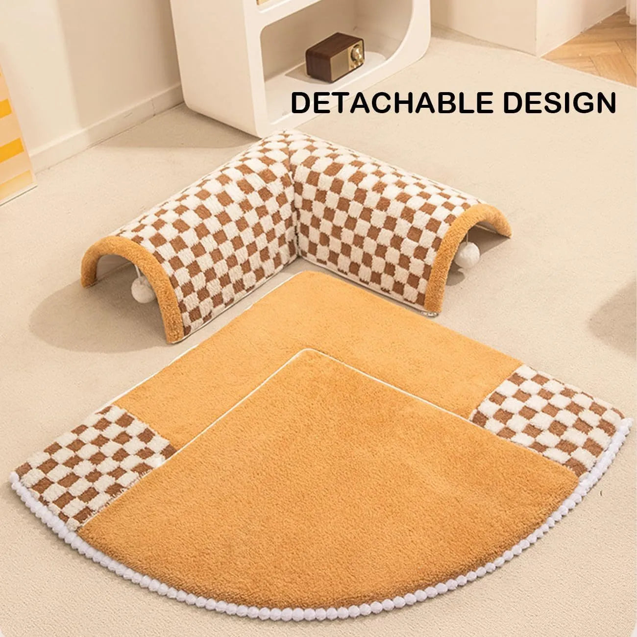 Fan-shaped plaid pet bed with attached tunnel for dogs and cats, coffee colour option