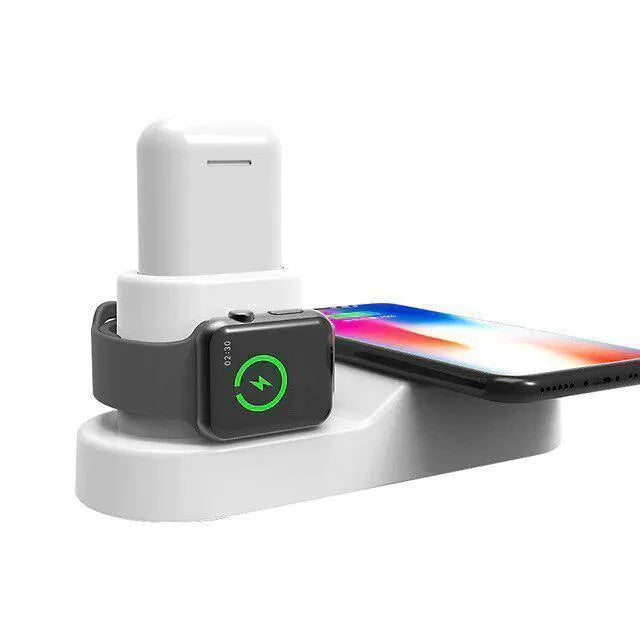 Black and white W3 three-in-one wireless charging station for Apple iPhone, Watch and AirPods