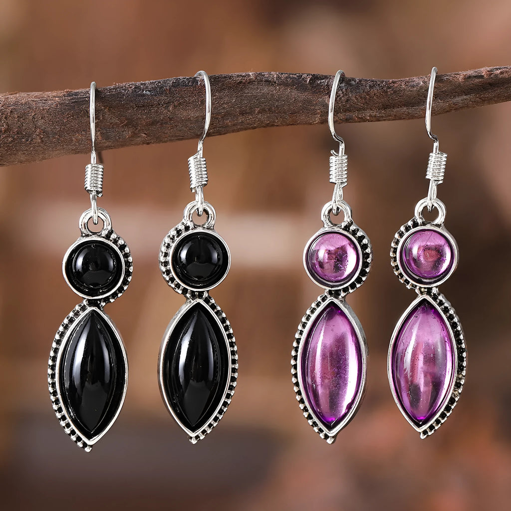 Vintage geometric bohemian earrings with electroplated black and purple finish