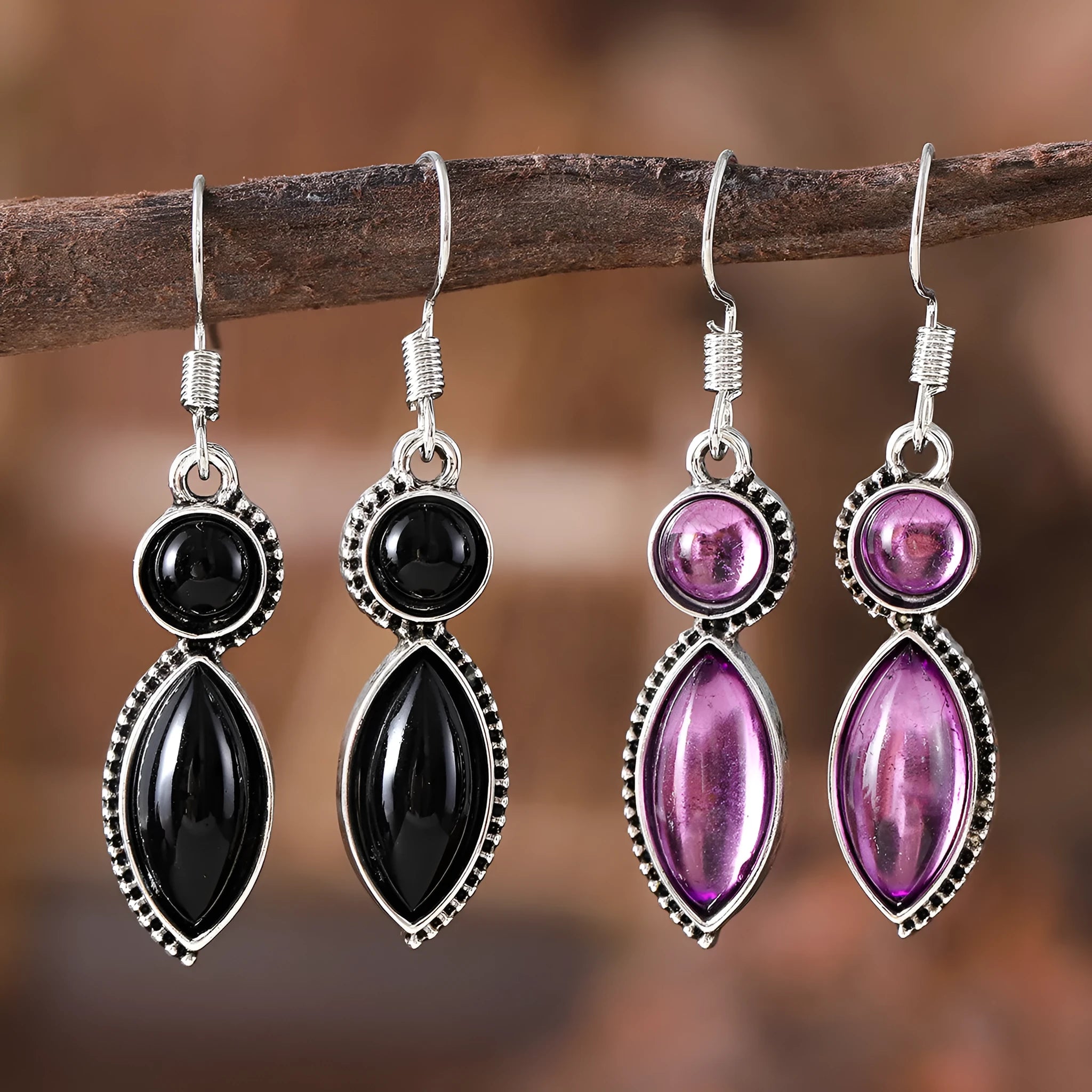 Vintage geometric bohemian earrings with electroplated black and purple finish