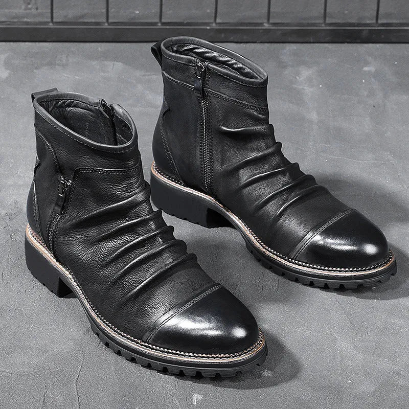 Brown mid-calf Martin boots with side zipper, embossed pattern, and a rubber sole with a mid-heel.
