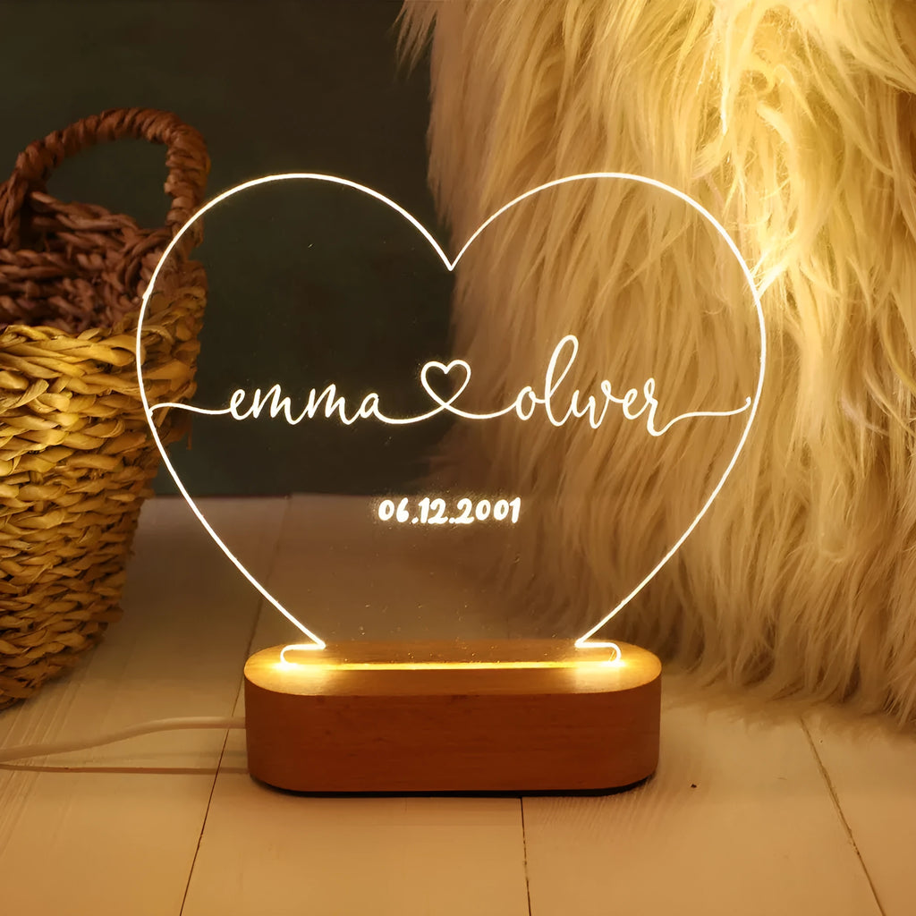 Custom personalised night light with names and date for Valentine's Day anniversary gift