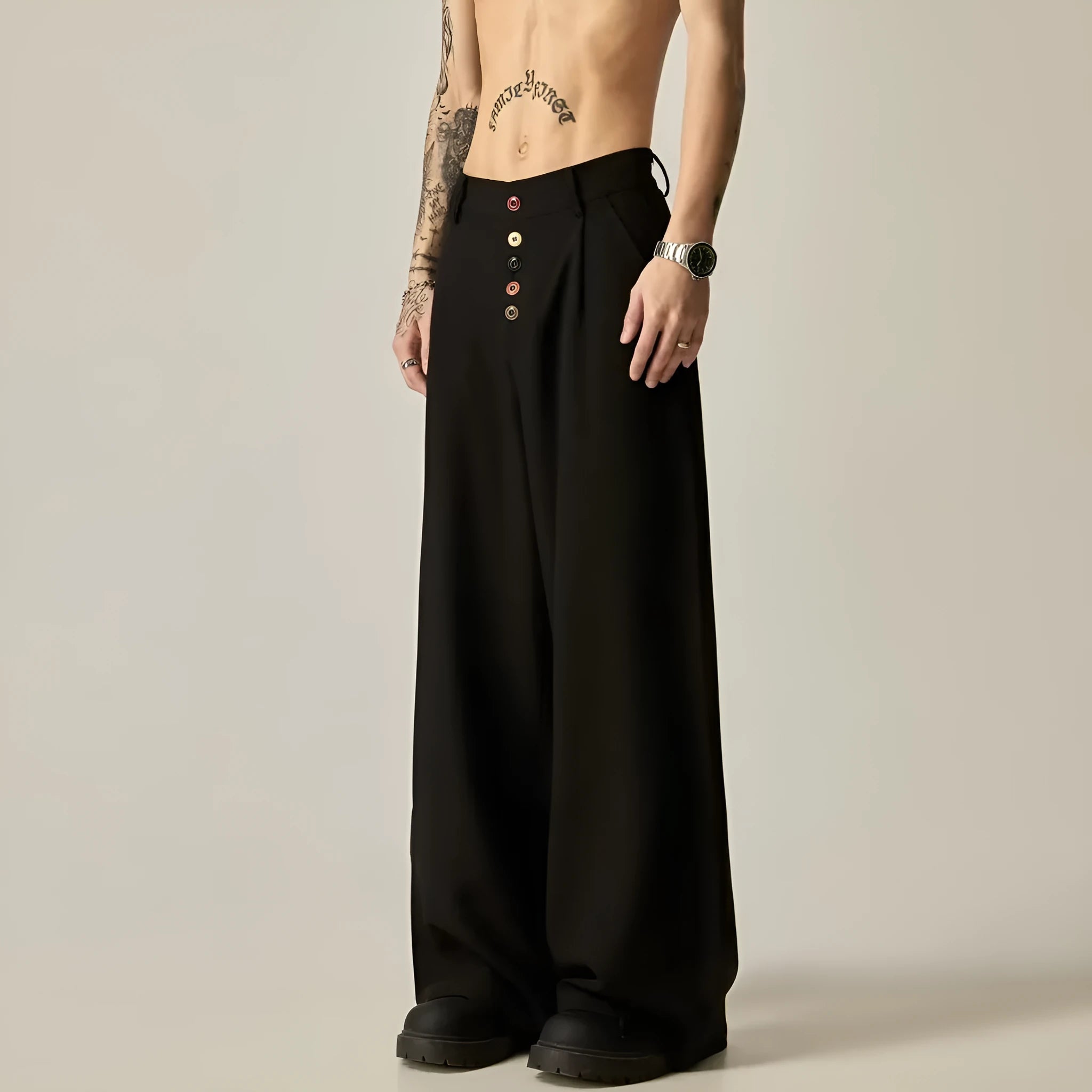 Men's black vertical tube wide-leg casual trousers with cardigan button leg opening