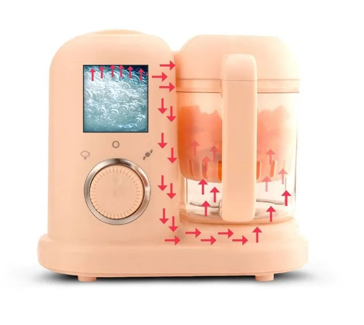 Baby food processor with steamer and blender functions in green or pink colour