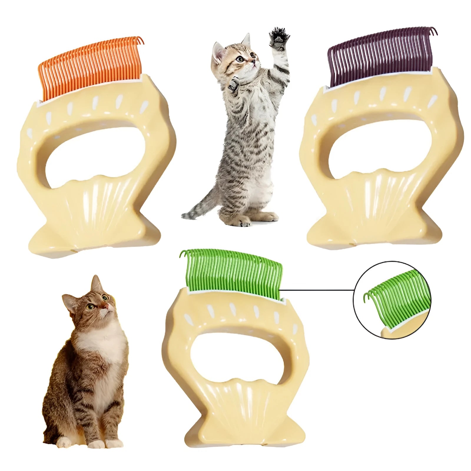 Shell-shaped plastic pet grooming brush with bent wire bristles and anti-slip handle