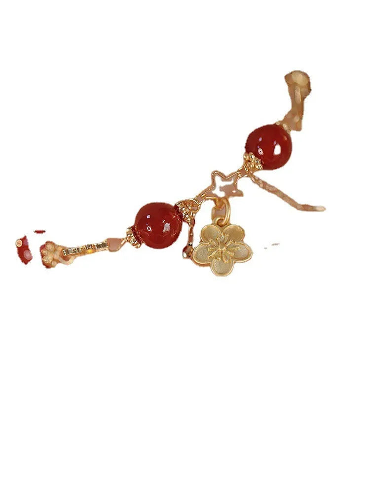 Red agate double layer bracelet with floral and peach blossom motifs