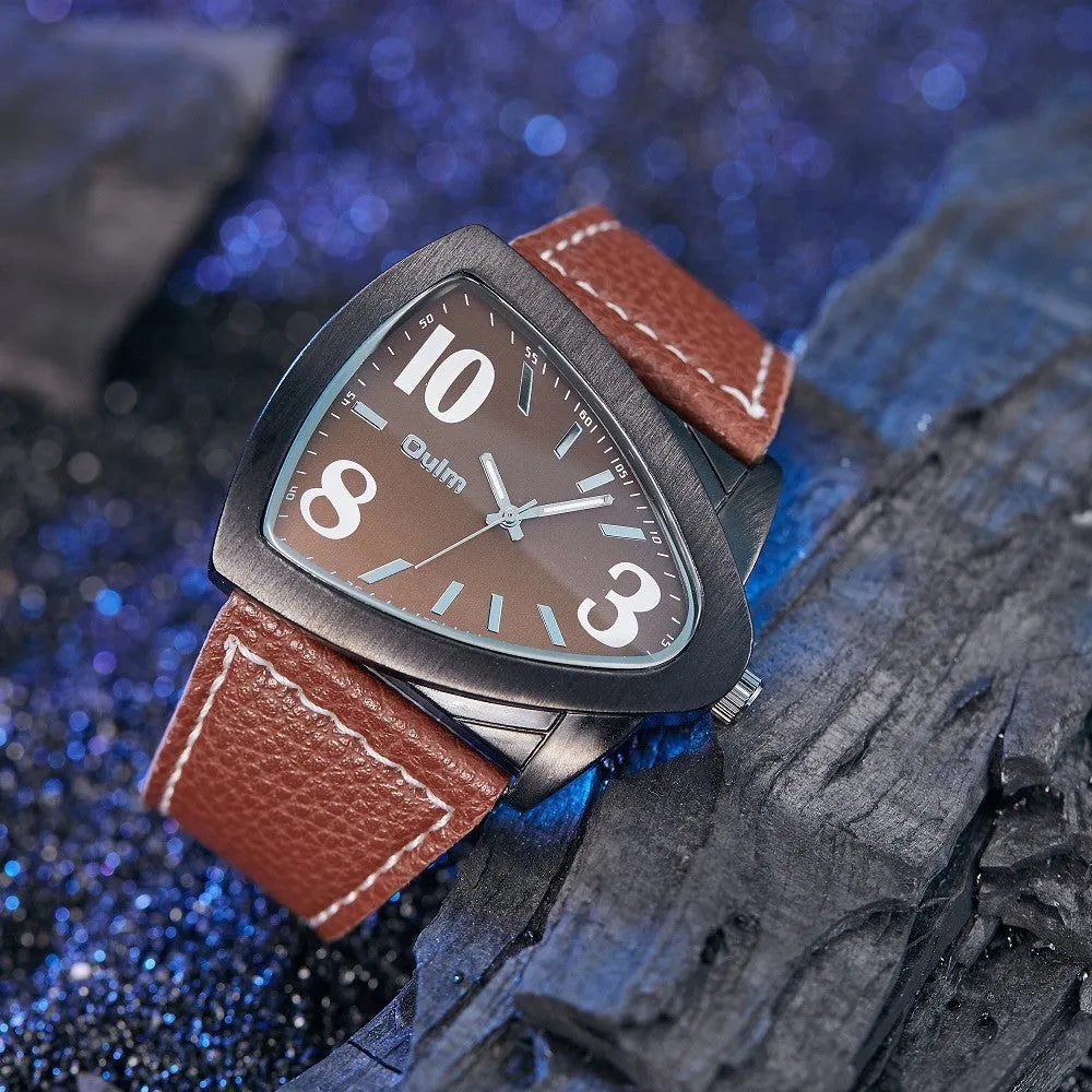 Men's casual triangle belt quartz watch showing the distinct strap design and 9mm profile.