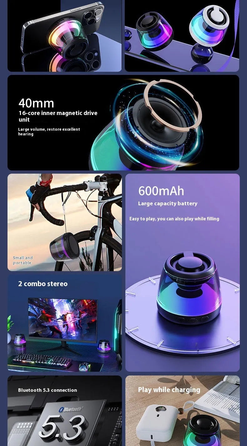 Compact black or white portable Bluetooth speaker with magnetic base and built-in ambience lighting.