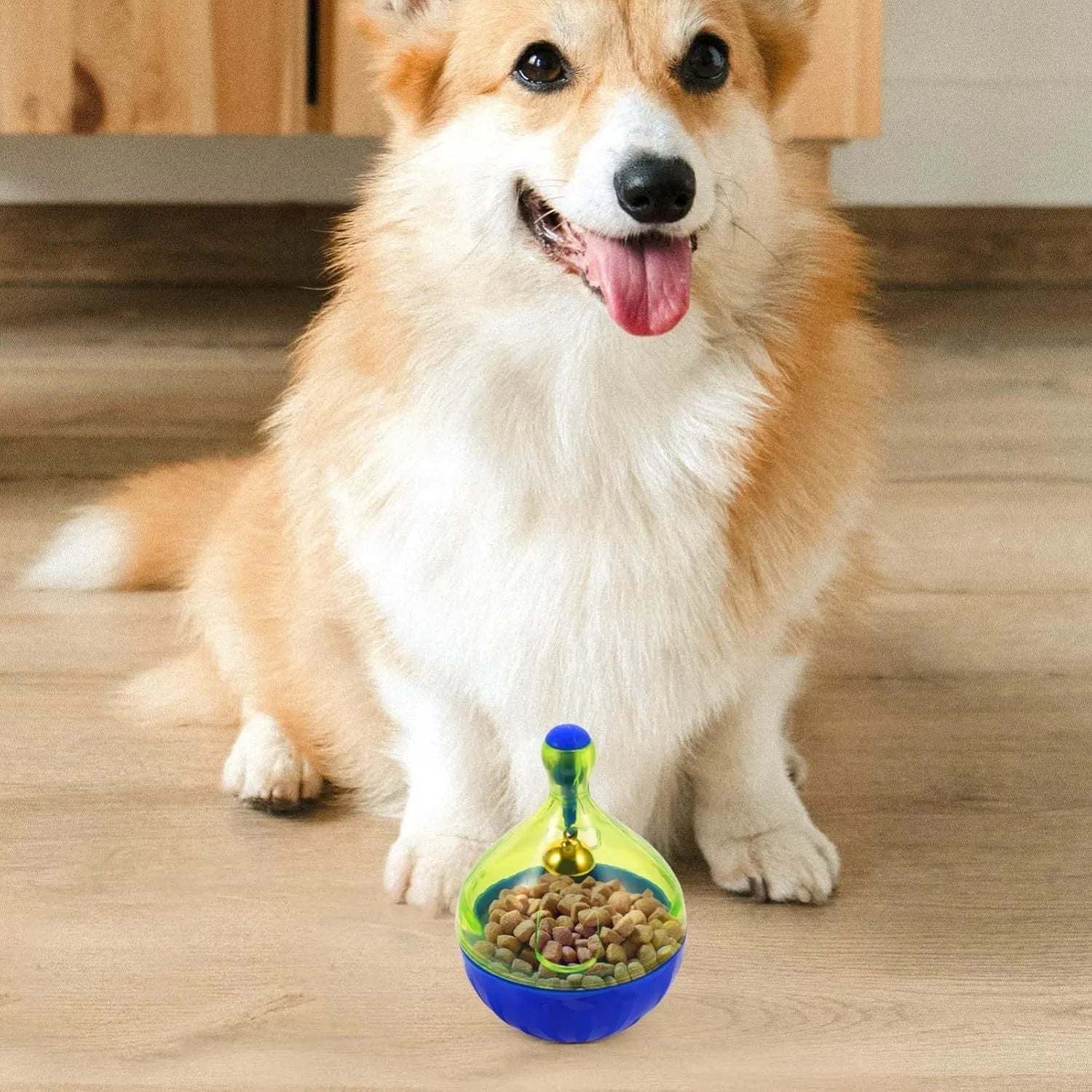 Blue tumbler-shaped pet treat dispenser ball for dogs and cats