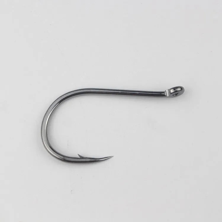 Barbed fishing hooks with crooked mouth and hole ring in alloy carbon steel for rock and sea fishing