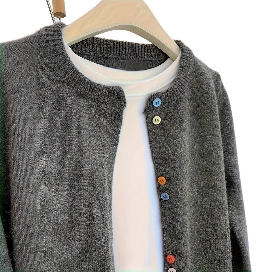 Dark grey women's polyester cardigan sweater with button front and long sleeves laid flat.