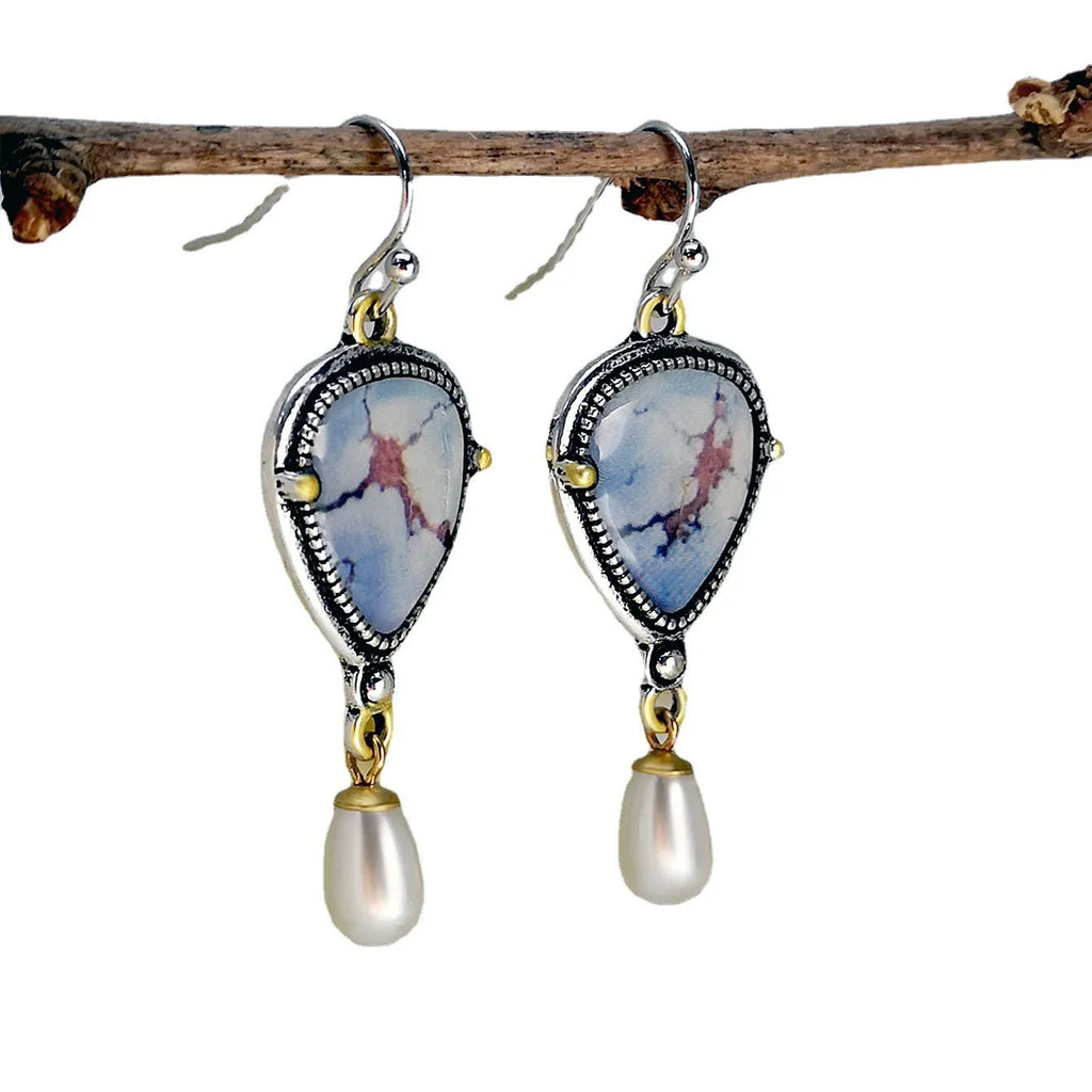 Lavender turquoise blue and white pearl drop earrings with electroplated metal geometric design