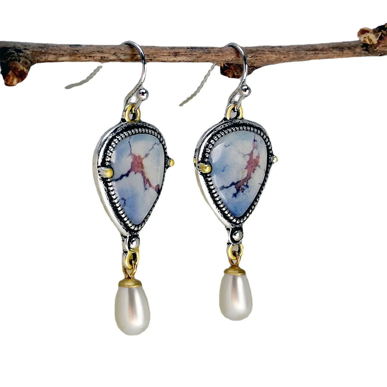Lavender turquoise blue and white pearl drop earrings with electroplated metal geometric design