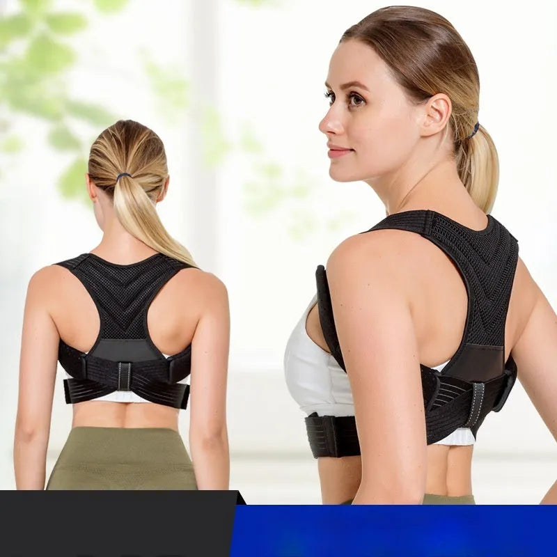 Black adjustable anti-humpback posture correction belt showing shoulder straps and upper back support design