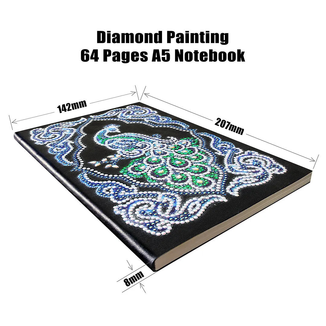 Black A5 diamond painting notebook featuring a peacock pattern with shaped and bright resin drills.