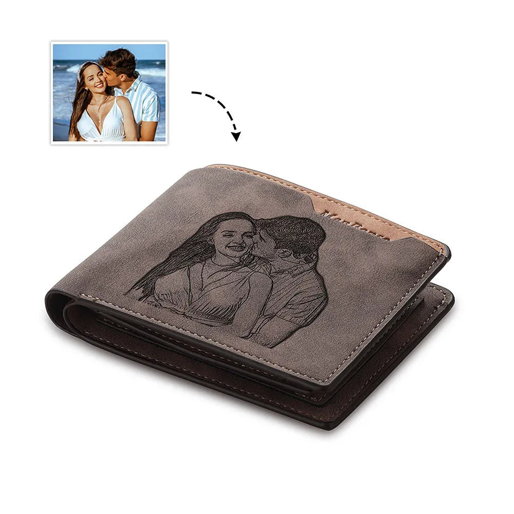 Coffee coloured engraved PU leather short wallet showing personalised photo engraving, front view.