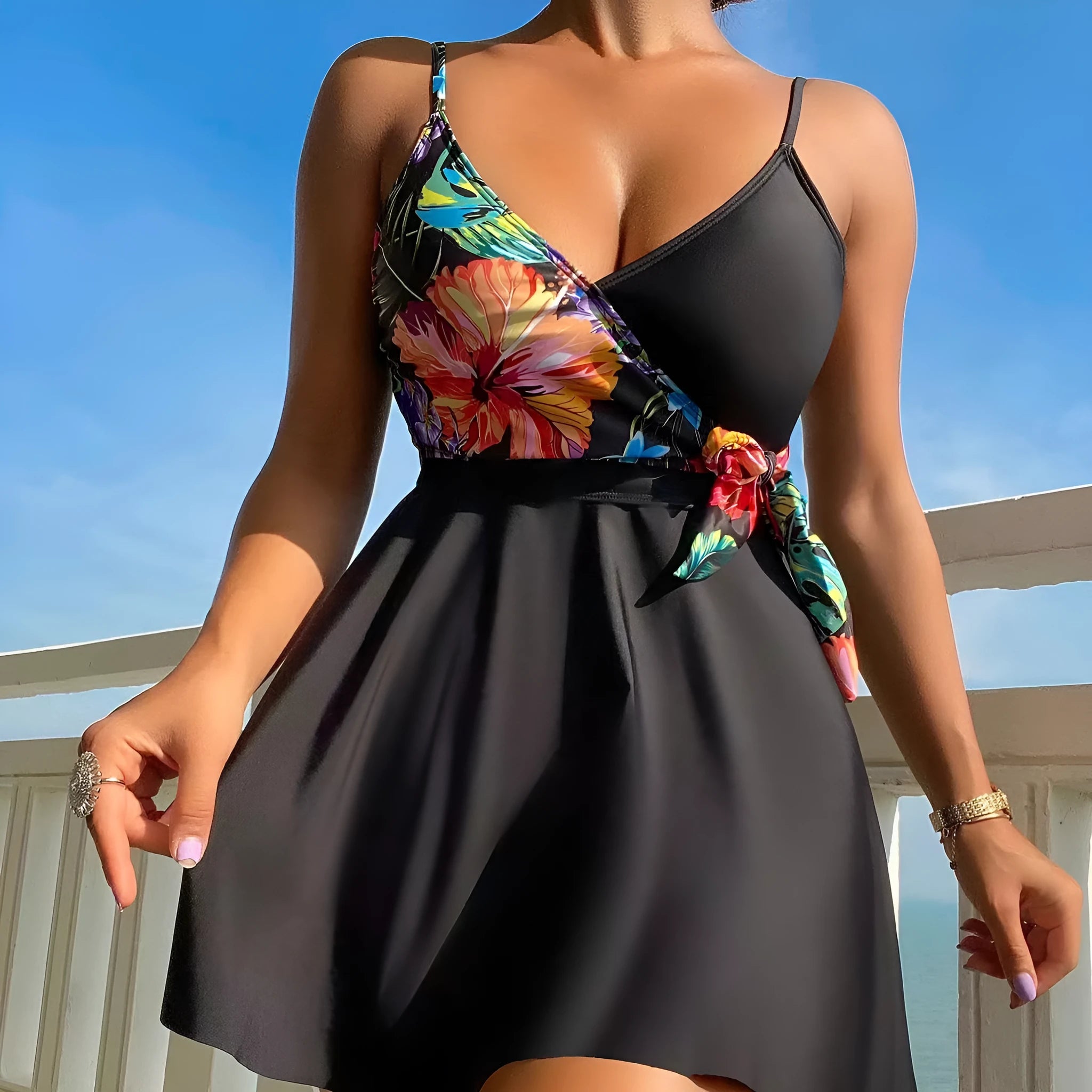 Black women's high waist briefs split bikini for sports and swimming activities.