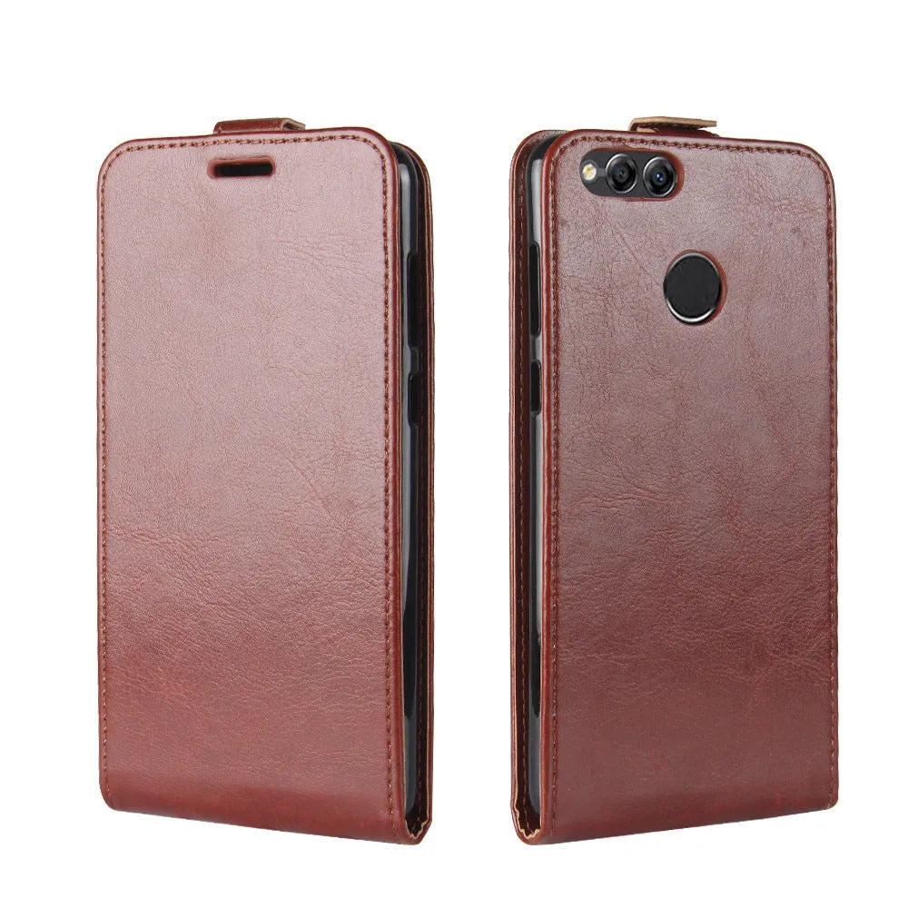 Huawei Honor 7X leather wallet phone case in black with visible card slots and a textured crazy horse pattern.