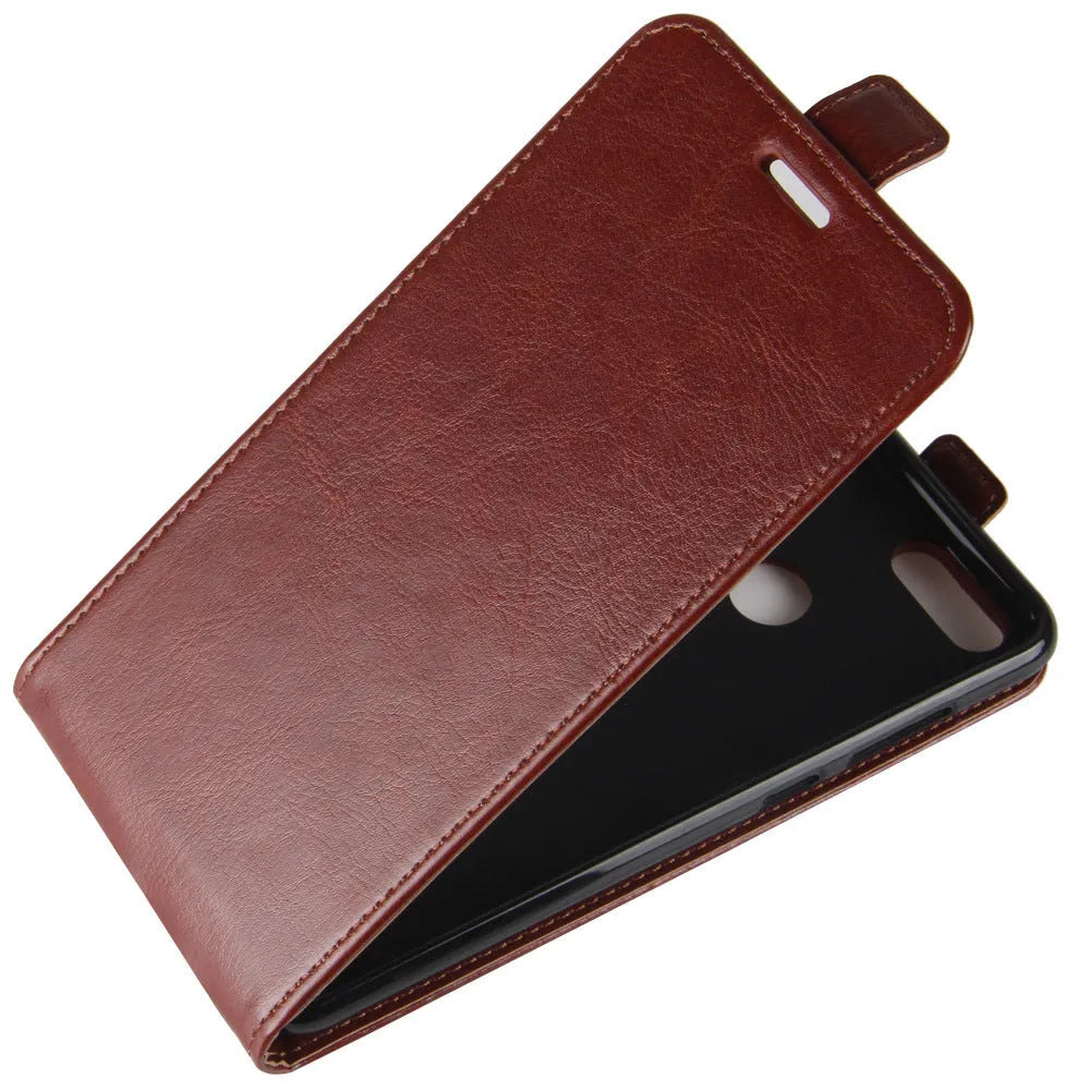 Huawei Honor 7X leather wallet phone case in black with visible card slots and a textured crazy horse pattern.