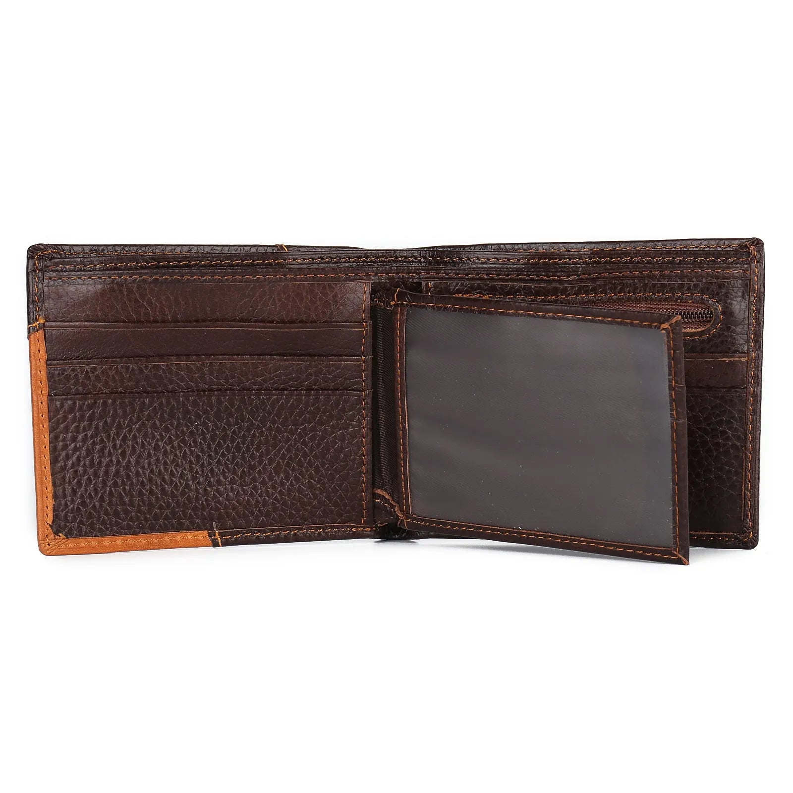 A Korean-style cowhide leather tri-fold wallet with personality stitching and a contrast colour interior.