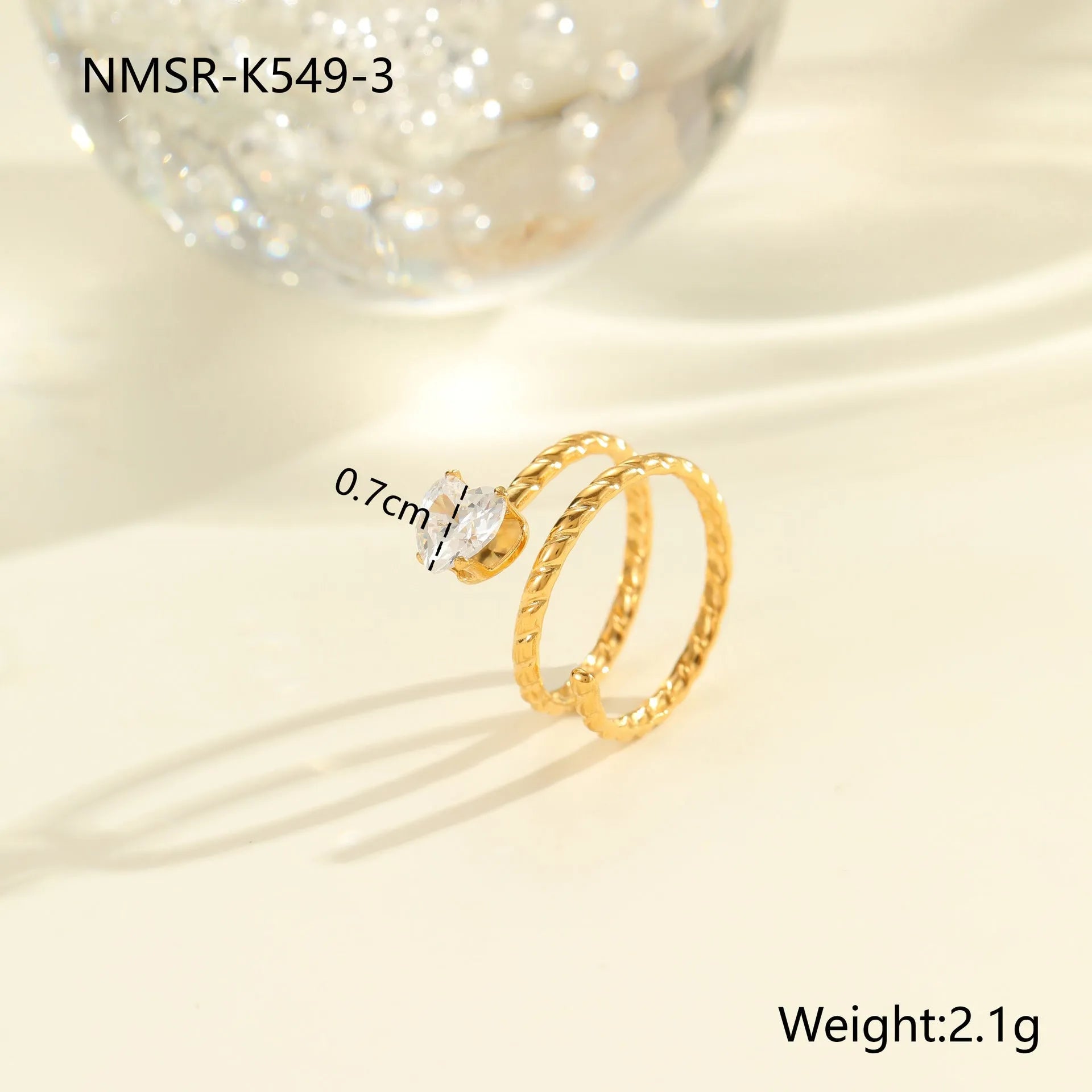Gold inlaid zircon stainless steel geometric ring with heart and drop shapes