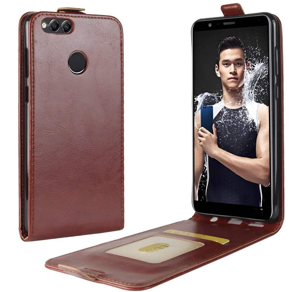 Huawei Honor 7X leather wallet phone case in black with visible card slots and a textured crazy horse pattern.