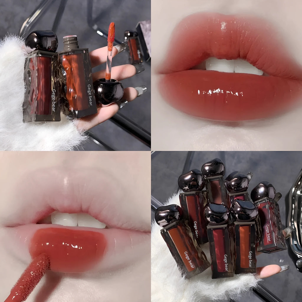 Glacier Lava Lip Lacquer set showing seven sheer glossy shades with built-in mirror