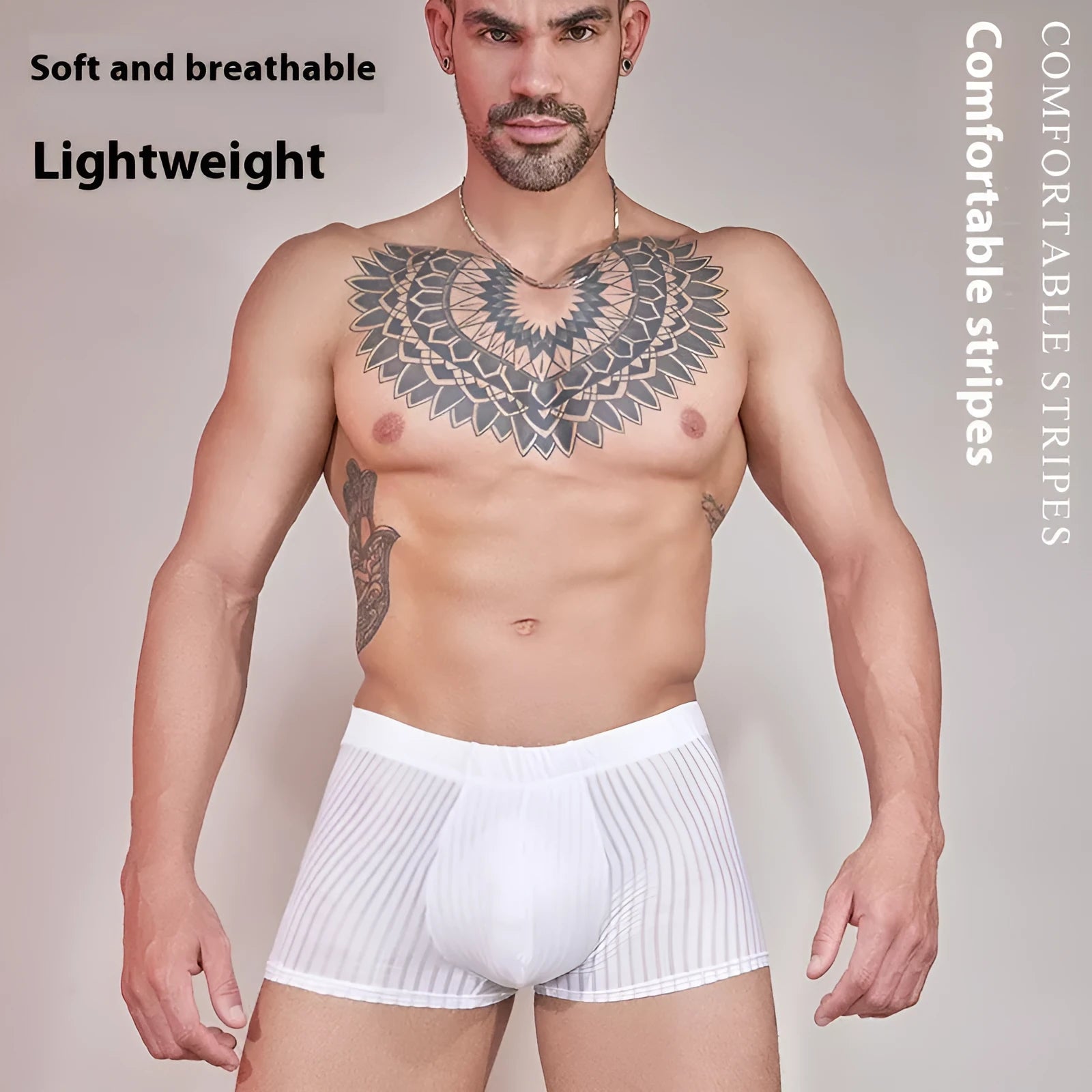Men's striped nylon underwear in black, shown flat, highlighting thin fabric and free-size fit.