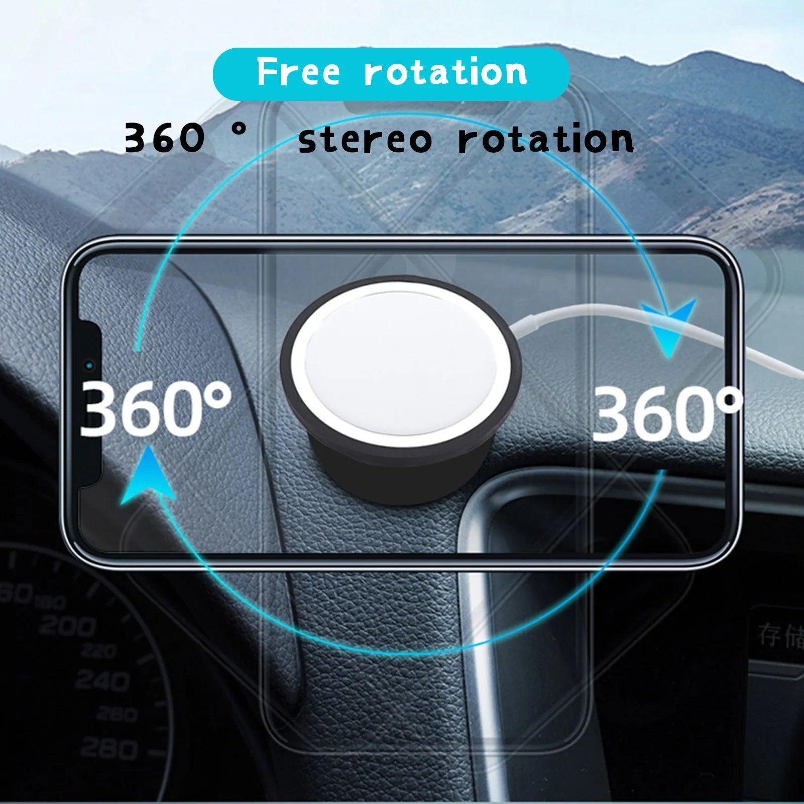 Black plastic magnetic car phone holder with snap-in design for dashboard or air vent mounting