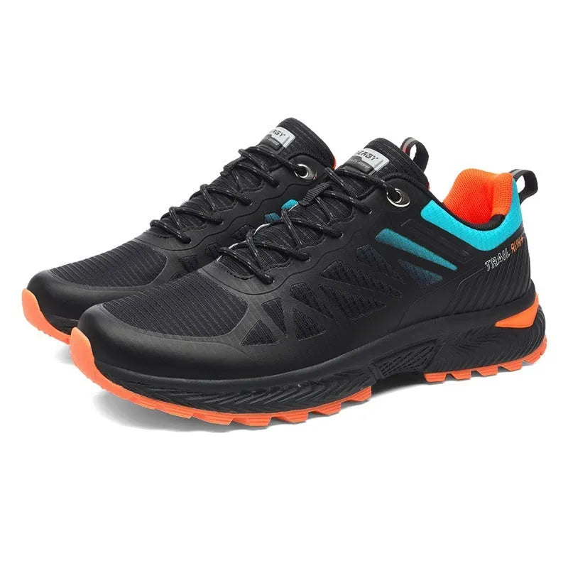 Men's plus size black breathable mesh running shoes with lace-up front and rubber sole.