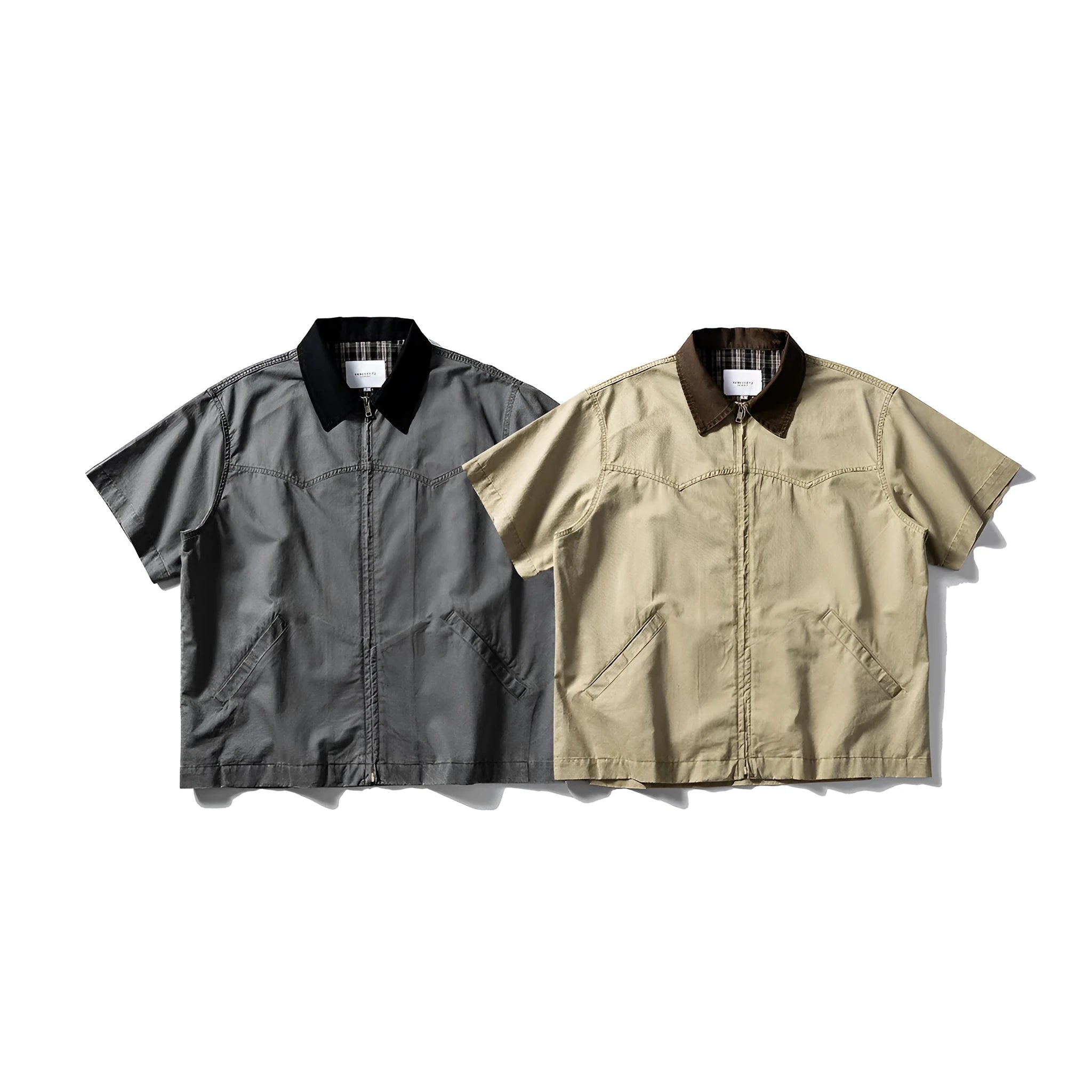 Men's loose casual short sleeve cardigan shirt in washed cotton fabric, khaki colour