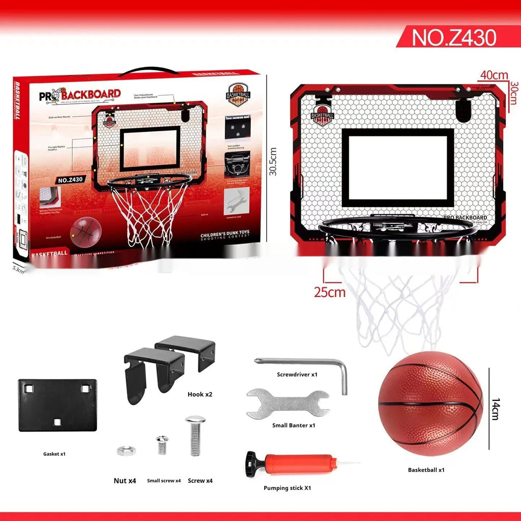 Red and blue folding basketball frame with suction cup and hook on a white wall.