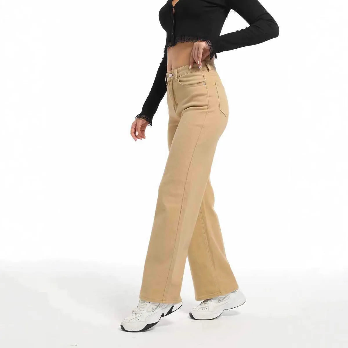 Women's straight wide-leg autumn jeans in apricot colour with high waist design